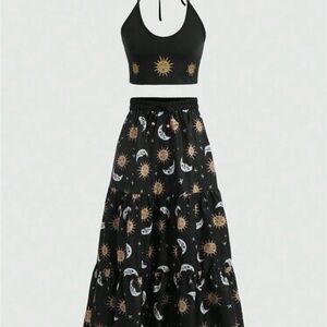 ROMWE Black and Gold Sun and Moon Skirt Set